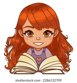 Cute cartoon smiling girl with opened book, vector illustration, isolated on white, eps10