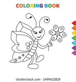 cute cartoon smiling happy butterfly taking flower in hand coloring book for kids. black and white vector illustration for coloring book. smiling happy butterfly taking flower in hand concept hand
