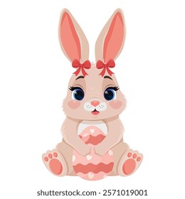 Cute cartoon smiling and holding Easter egg bunny with red bows on ears. Easter bunny. Egg hunt game.