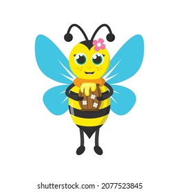 Cute cartoon smiling honeybee with full barrel of honey. Funny isolated character illustration. Vector flat design