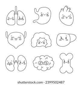Cute cartoon smiling human organ characters. Coloring Page. Kawaii lung, stomach, heart, bladder, intestine, liver, kidney, brain, bone, with faces. Vector drawing. Collection of design elements.