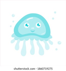 Cute cartoon smiling jellyfish with bubbles. Vector hand drawn flat illustration of funny character isolated on white background.
