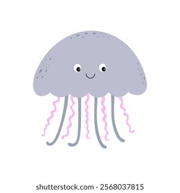 
Cute cartoon smiling jellyfish. Vector illustration of an inhabitant of the underwater world. 