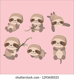 Cute cartoon smiling lazy sloth animal characters in different positions.