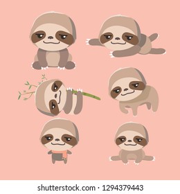 Cute cartoon smiling lazy sloth set.
