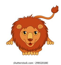 Cute cartoon smiling lion lying with fluffy mane and kind muzzle, lion laughing and stretching. Vector illustration