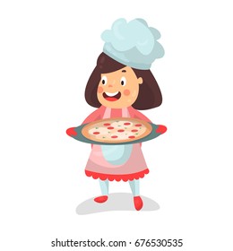 Cute cartoon smiling little girl chef character holding a pizza in a cooking tray vector Illustration
