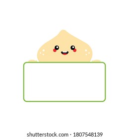 Cute cartoon smiling macadamia nut character holding in hands blank, empty card for quote or information.