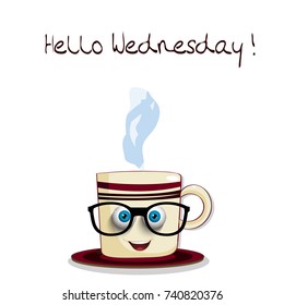 Cute cartoon smiling male cup with blue eyes in glasses and hello wednesday isolated on white background. Vector illustration, icon, clip art.