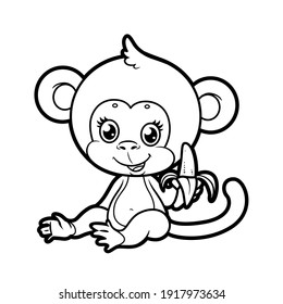 Cute cartoon smiling monkey with banana outlined for coloring on a white background
