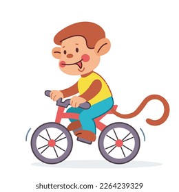 Cute cartoon smiling monkey characters riding  bicycle. Isolated illustration in flat style. 