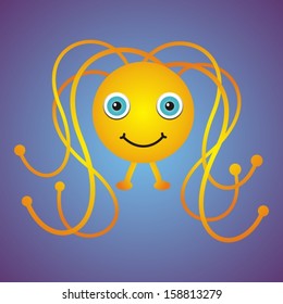 Cute cartoon smiling monster on a blue background. Vector illustration