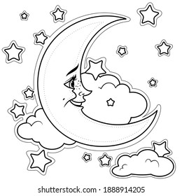 Cute cartoon smiling moon with clouds outlined for coloring on a white background