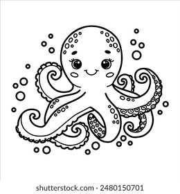 Cute cartoon smiling octopus with bubbles. Black and white outline vector Illustration. Children's coloring page book