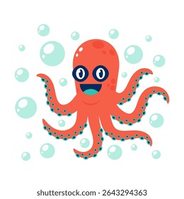 Cute cartoon smiling octopus with bubbles. Vector illustration.