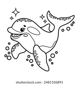 Cute cartoon smiling orca with bubbles. Black outline vector Illustration of killer whale. Children's coloring page book