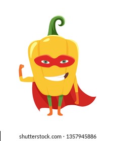 Cute cartoon smiling pepper superhero in mask and cape, colorful humanized vegetable character vector Illustration.