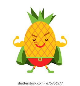 Cute cartoon smiling pineapple superhero in mask and green cape, colorful humanized fruit character vector Illustration