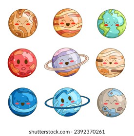 Cute Cartoon lächelnde Planeten. Sonnensystem. Kawaii astronomische Charaktere. Handgezeichnet. Vektorgrafik. Sammlung von Design-Elementen.