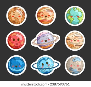 Cute cartoon smiling planets. Sticker Bookmark. Solar system. Kawaii astronomical characters. Hand drawn style. Vector drawing. Collection of design elements.