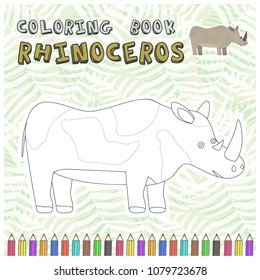 Cute cartoon smiling rhinoceros silhouette for coloring book. Childish flat illustration of big rhino for kids app design, educational and fun color games