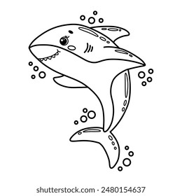 Cute cartoon smiling shark with bubbles. Black and white outline vector Illustration. Children's coloring page book