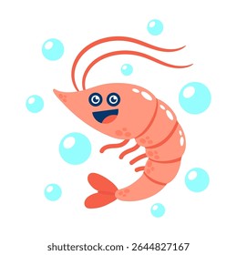 Cute cartoon smiling shrimp with bubbles. Vector flat illustration isolated on white.