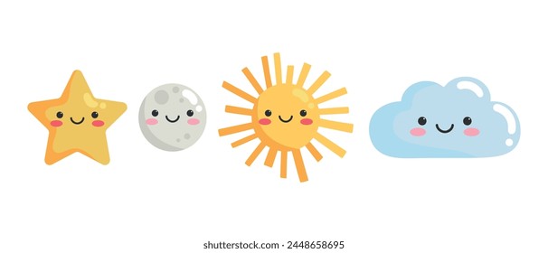 Nette Cartoon lächelnde Himmel Figuren. Childischer Stil. Stern-, Mond-, Sonne- und Wolkensymbole. Vektorillustration