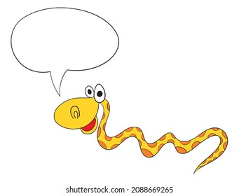 Cuta caricatura de serpiente sonriente con ilustración vector de burbuja de habla.