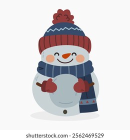 Cute cartoon smiling snowman wearing warm scarf, beanie and mittens and holding a snowball vector illustration isolated on white background	