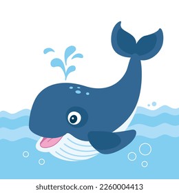 Cute cartoon smiling spouting whale in blue ocean. Isolated illustration in flat style.