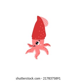 Cute cartoon smiling squid character flat style, vector illustration isolated on white background. Marine mammal, underwater inhabitant, design for kids
