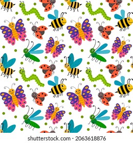 Cute cartoon smiling summer insects random seamless pattern with small dots. 