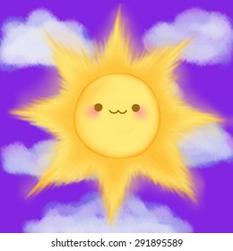 Cute cartoon smiling sun clouds sky kawaii anime manga vector