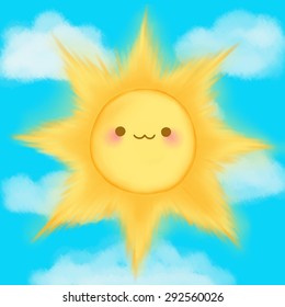 Cute cartoon smiling sun clouds sky kawaii anime manga vector