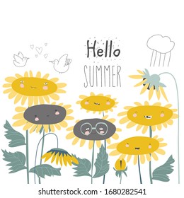 Cute cartoon smiling sunflowers. Flowers with smiley faces.