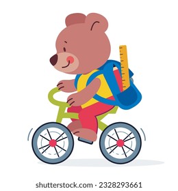 Un lindo caricaturista sonriente oso de peluche con una bolsa de colegio montando bicicleta a la escuela. Animales de vuelta a la escuela. Ilustración aislada en estilo plano. 