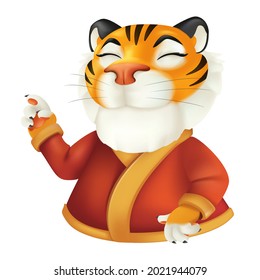 Cute cartoon smiling tiger character in red clothes. Vector illustration of a funny striped wildlife animal isolated on a white background. Symbol of the year by the Chinese calendar