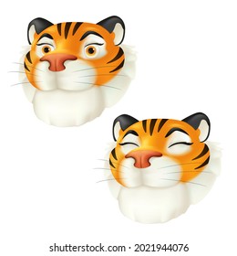 Cute cartoon smiling tiger head. Zodiac symbol of the year by the Chinese calendar. Vector funny illustration of a striped wildlife animal character isolated on a white background. 3D icon