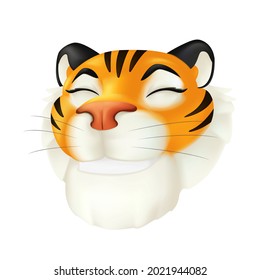 Cute cartoon smiling tiger head. Zodiac symbol of the year by the Chinese calendar. Vector funny illustration of a striped wildlife animal character isolated on a white background. 3D icon