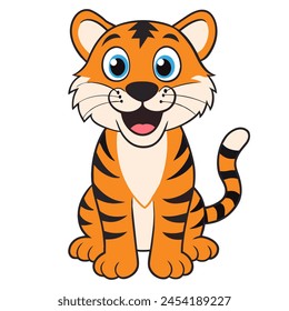 Cute cartoon smiling tiger isolated on white. Front view. Vector illustration.