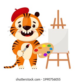 Cute cartoon smiling tiger with palette and paintbrush paints a picture. Symbol of 2022, year of the tiger. Vector illustration isolated on white background