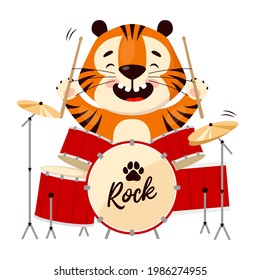 Cute cartoon smiling tiger playing drums. Symbol of 2022, year of the tiger. Vector illustration isolated on white background