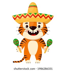 Dibujo lindo con un tigre sonriente con sombrero y maracas. Símbolo de 2022, año del tigre. Ilustración del vector aislada en fondo blanco