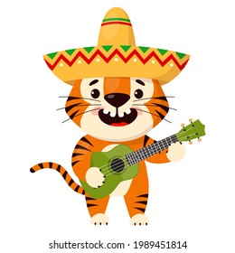 Cute cartoon smiling tiger in a sombrero plays the guitar. Symbol of 2022, year of the tiger. Vector illustration isolated on white background