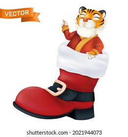 Cute cartoon smiling tiger sticking out of Santa Claus red boot. Chinese zodiac symbol of the year. Realistic vector illustration of funny character and Christmas footwear isolated on white background