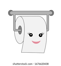 Cute cartoon smiling toilet paper roll isolated on white. Kawai character flat icon. Vector illustration.