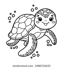 Cute cartoon smiling turtle with bubbles. Black and white outline vector Illustration. Children's coloring page book