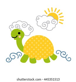 Cute cartoon smiling turtle with dotted shell swimming in the sea. Art vector illustration.
