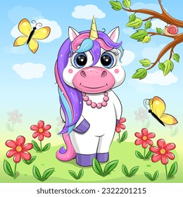 Cute cartoon smiling unicorn in nature. vector illustration of an animal in the garden with red flowers, yellow butterflies, tree, blue sky and white clouds.